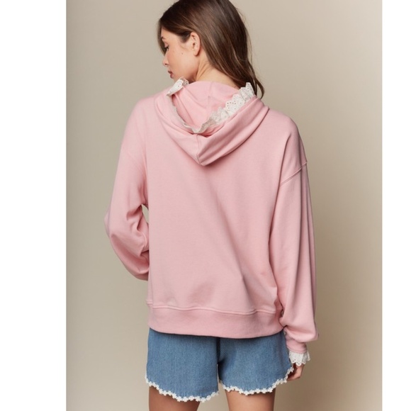"The Paige" Pink Lace Trim Heart Hoodie - Picture 3 of 4